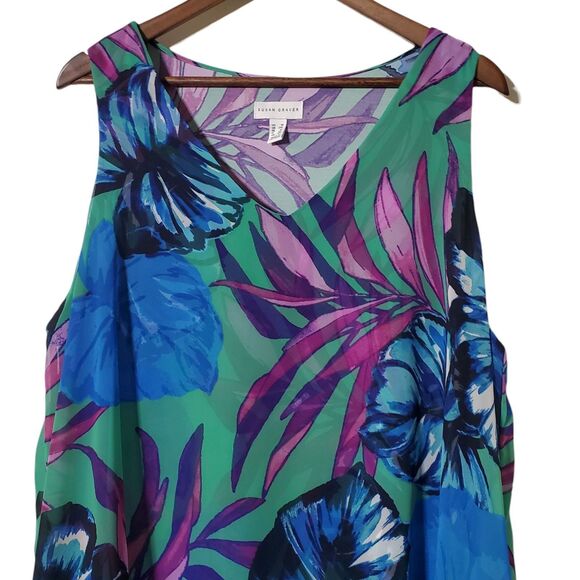 Susan Graver Liquid Knit Mini Dress 1X Plus Tropical Floral Print Green Pink - Picture 2 of 10